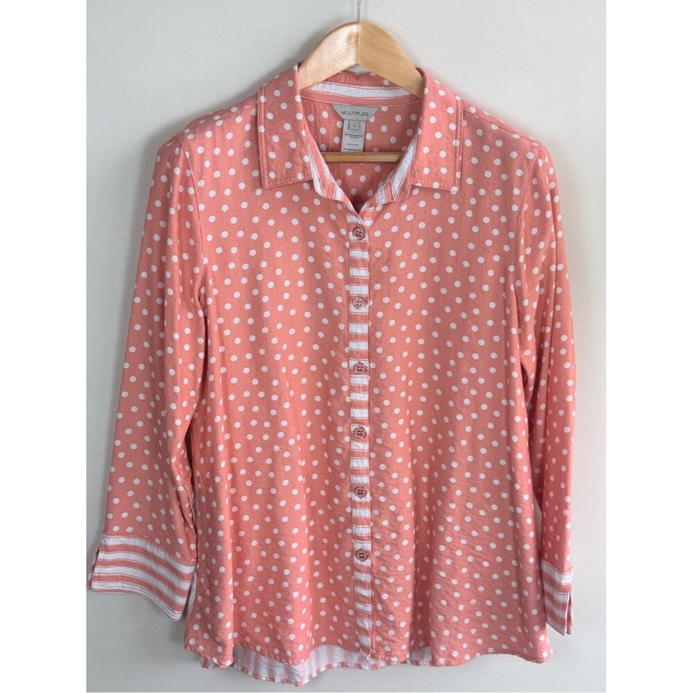 Multiples Wearable Art Coral Pink Polka Dot Mixed Stripe Button Blouse Large